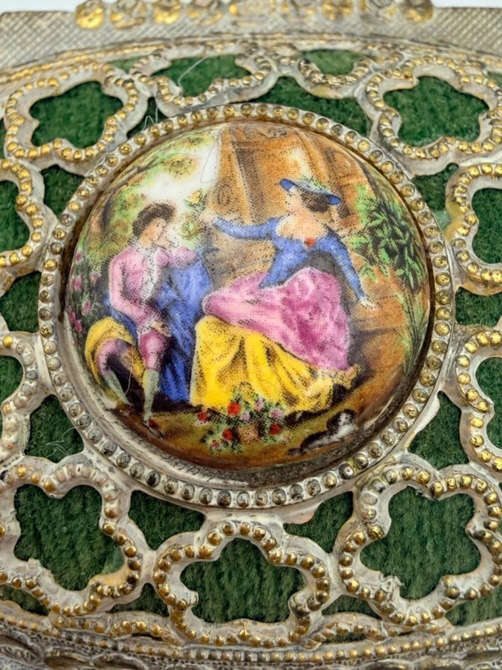 VTG Mele Musical Trinket Jewelry Box Sankyo Gold Filigree Green Velvet  Japan - Picture 5 of 10